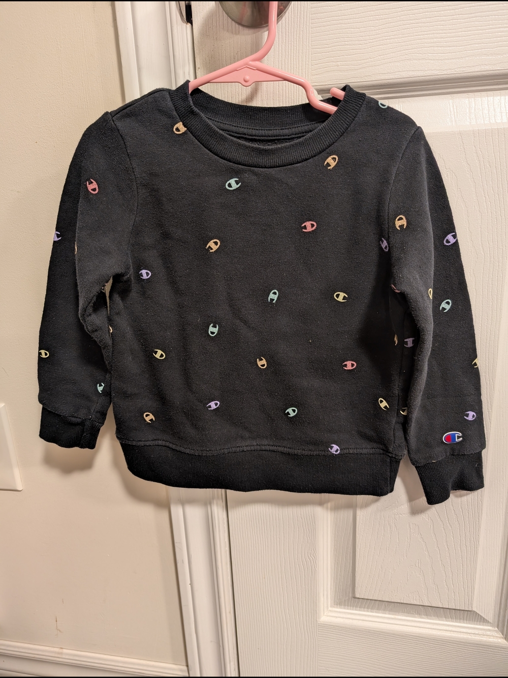 Champion Black Sweatshirt with Blue and Red Logo Print